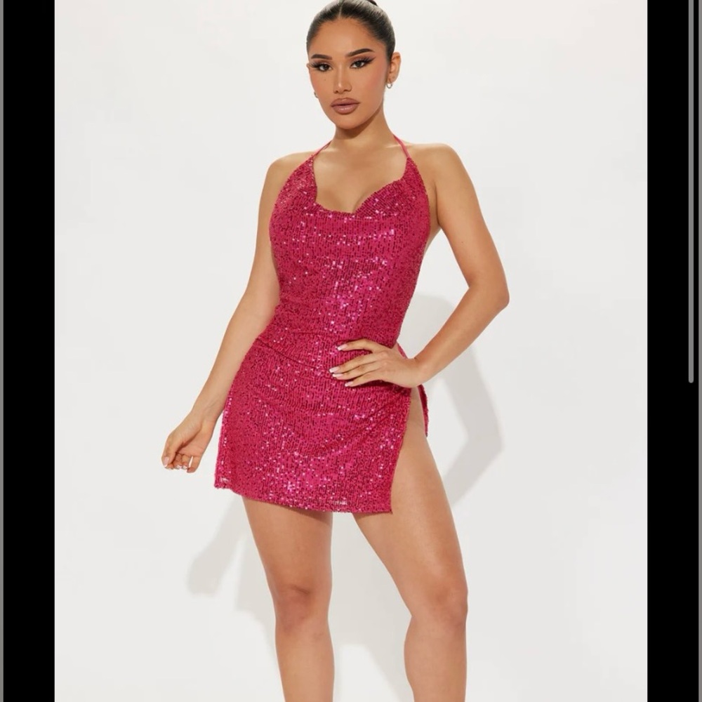 Fuchsia mini dress.